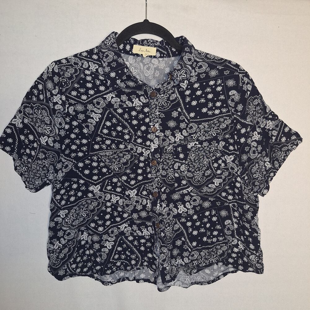 Love Note Top Sz L Navy Blue Bandana Paisley Patchwork Coastal Cowgirl